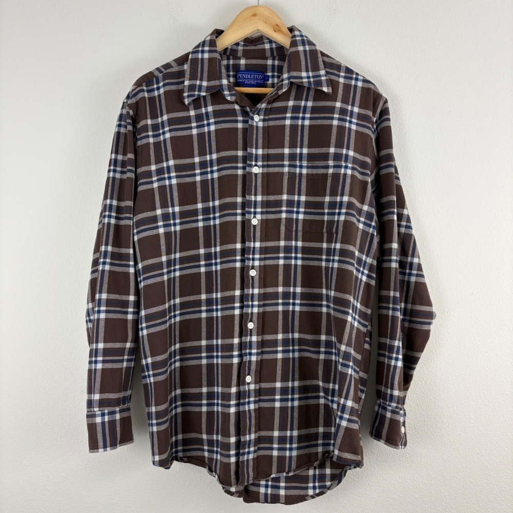 Pendleton Men's Large Brown Blue‎ Plaid Cotton Button Down Shirt Long Sleeve